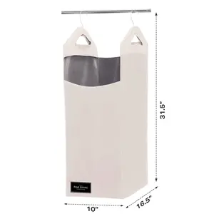 Over-the-Door Hanging Laundry Hamper with Hooks and Zipper – Large Capacity, Front Pocket, Beige