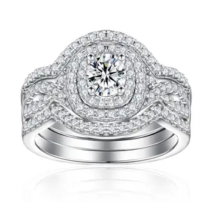 S925 Sterling Silver Double Halo Engagement Wedding Rings for Women Luxury Cubic Zirconia 3Pcs Ring Set Size 5-10