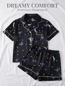 Ladies' two-piece pajamas set featuring butterfly, star, and moon prints, with a front button-up turtleneck shirt and elastic waist shorts. A casual and comfortable short-sleeved top and shorts matching pajamas set, perfect for spring and autumn