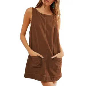 Women's Corduroy Dress, Round Neck Long Sleeve A-Line Mini Dress with Pockets, Casual Fall & Winter Fashion, Comfortable Daily Wear
