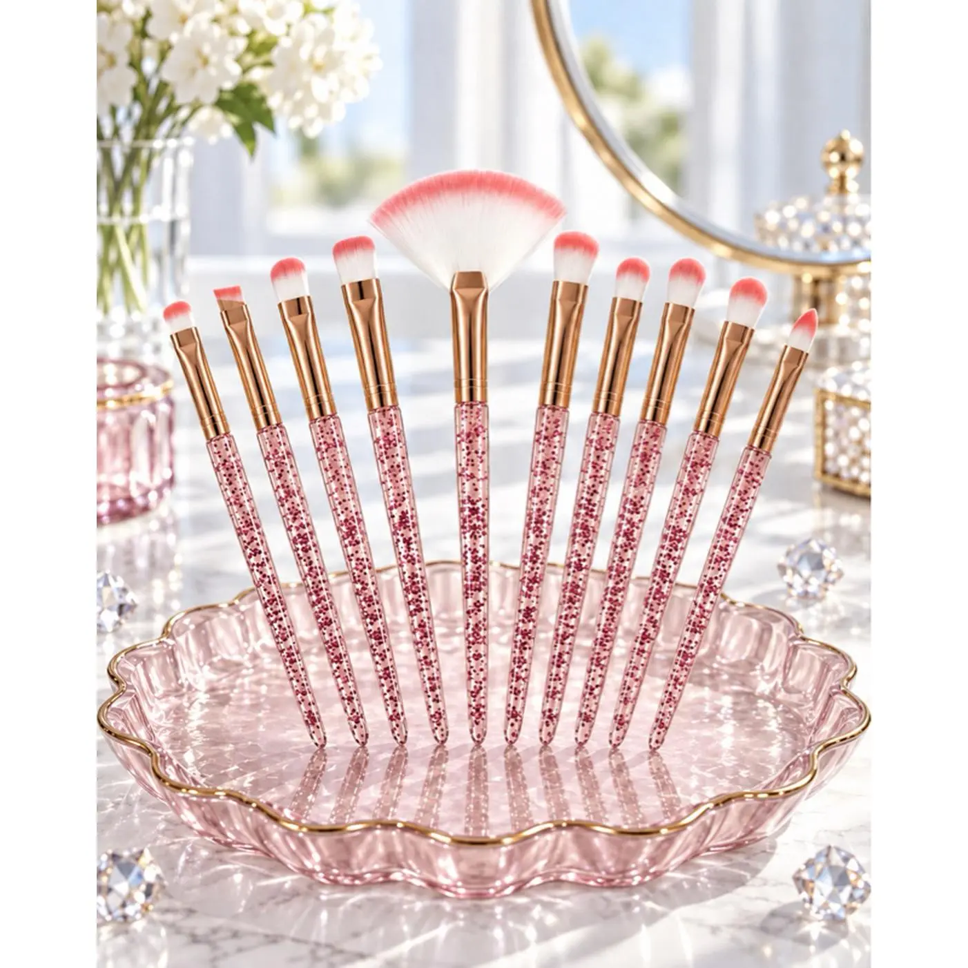 Glitter Handle Makeup Brush Set Pink Gold 10-Piece Fan Angled Round Flat for Professional Application