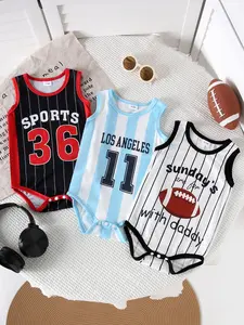 Summer Three-Piece Baby Boys Letter & Number Print Striped Sporty Round Neck Convenient Shoulder Buttons Sleeveless Triangle Printed Bodysuit Set