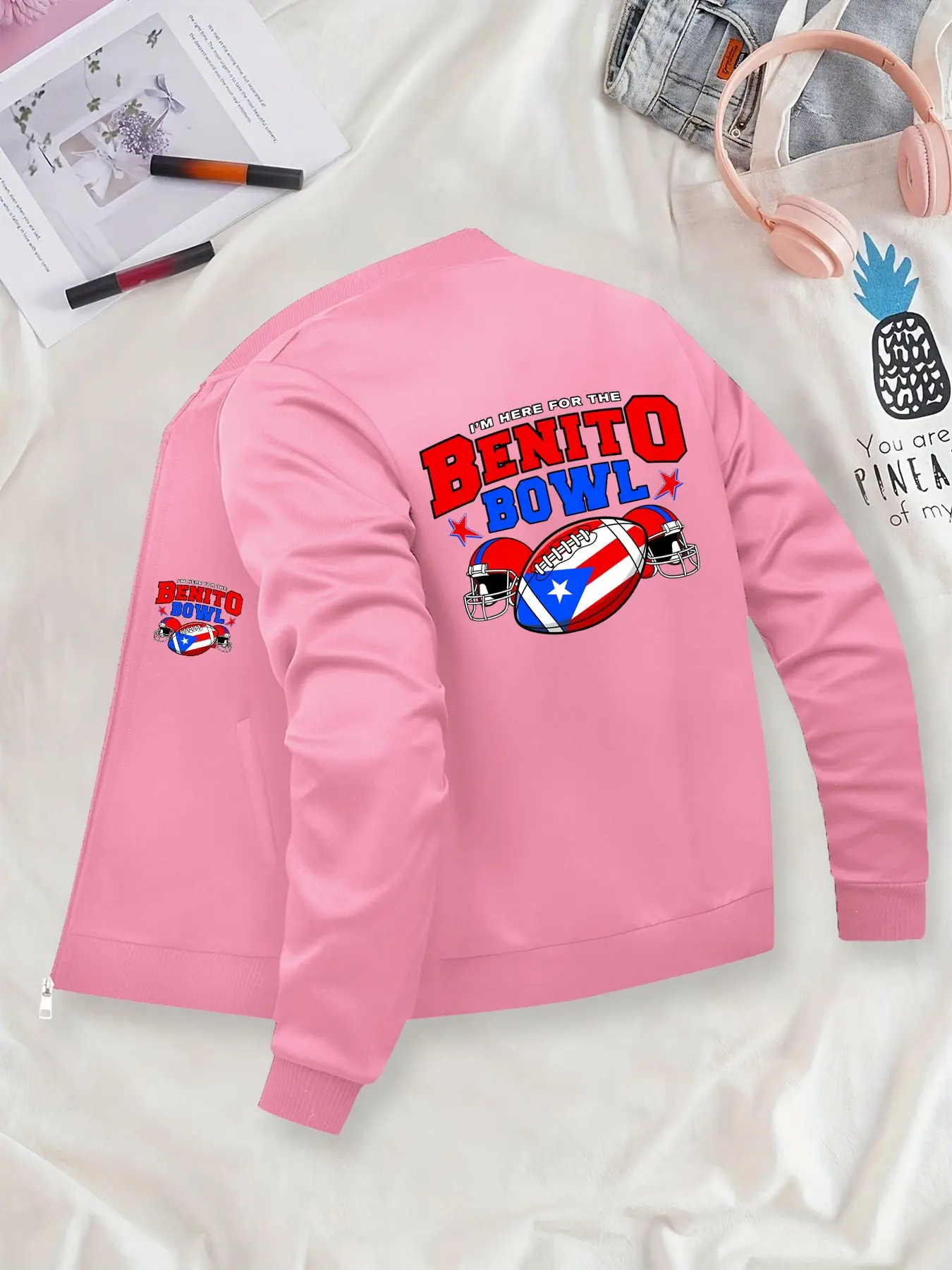 Casual Sporty Unisex Benito Bowl Football-Printed Baseball Jacket, Outerwear for Daily Casual Gatherings, Zip-Front Nurse Jacket, 4-Way Stretch Fabric, Comfortable & Fashionable Workwear, Apparel for Medical Professionals, Durable Nursing Jacket