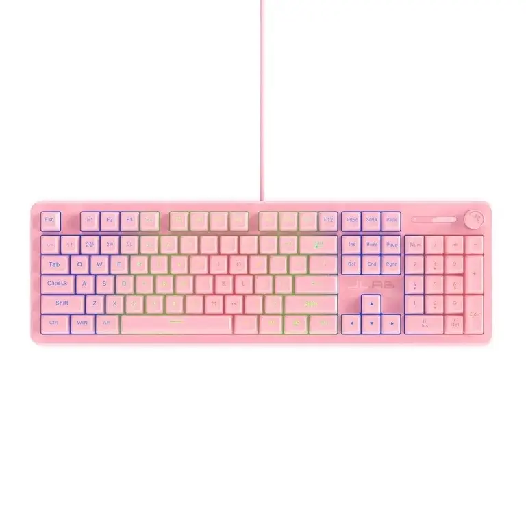 JLab Nightfall Full-Size Wired Esports Gaming Keyboard - Membrane Switches, Zone RGB, 1000Hz, 19-Key Rollover, Media Knob, Spill-Resistant, Pink Keyboard