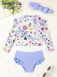 Briza｜Girls Long Sleeve Ruffle Tankini Suit In Lavender-White Floral Print, Tankini Swimsuits Set With Swim Shirt And High Waisted Bathing Suit, Bathing Suits 2 Piece Set And Swimsuits 2 Piece For Pool Day, Vacation-Ready Two-Piece Swimsuit