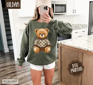 Checkered Bear Sweatshirt, Trendy Women's Sweater