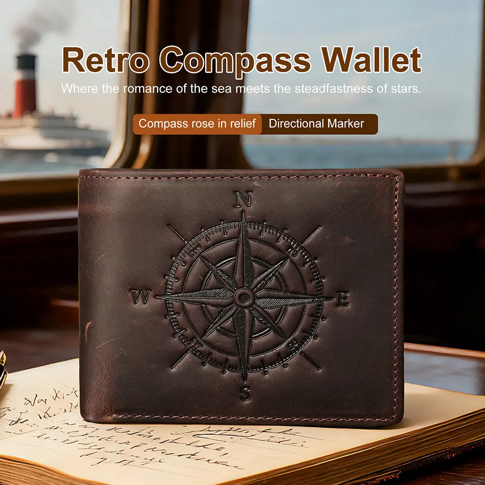 Men's Genuine Cow Hide Graphic Wallet - Foldable, Compass Pattern, Compartmental Design, Multiple Card Slots, Large Capacity, Fashionable, Casual Wear Accessory, Ideal Cool Gift for Guys for Father's Day
