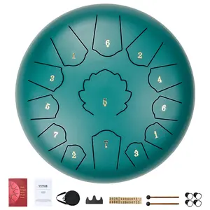 VEVOR Steel Tongue Drum,  , 12 in & 13 Notes, Rain Drum for Outside Garden, C Major Key, Tank Drum with 2 Mallets & Carry Bag, Hand Pan Drum Percussion Instrument for Musical Education Yoga, Green