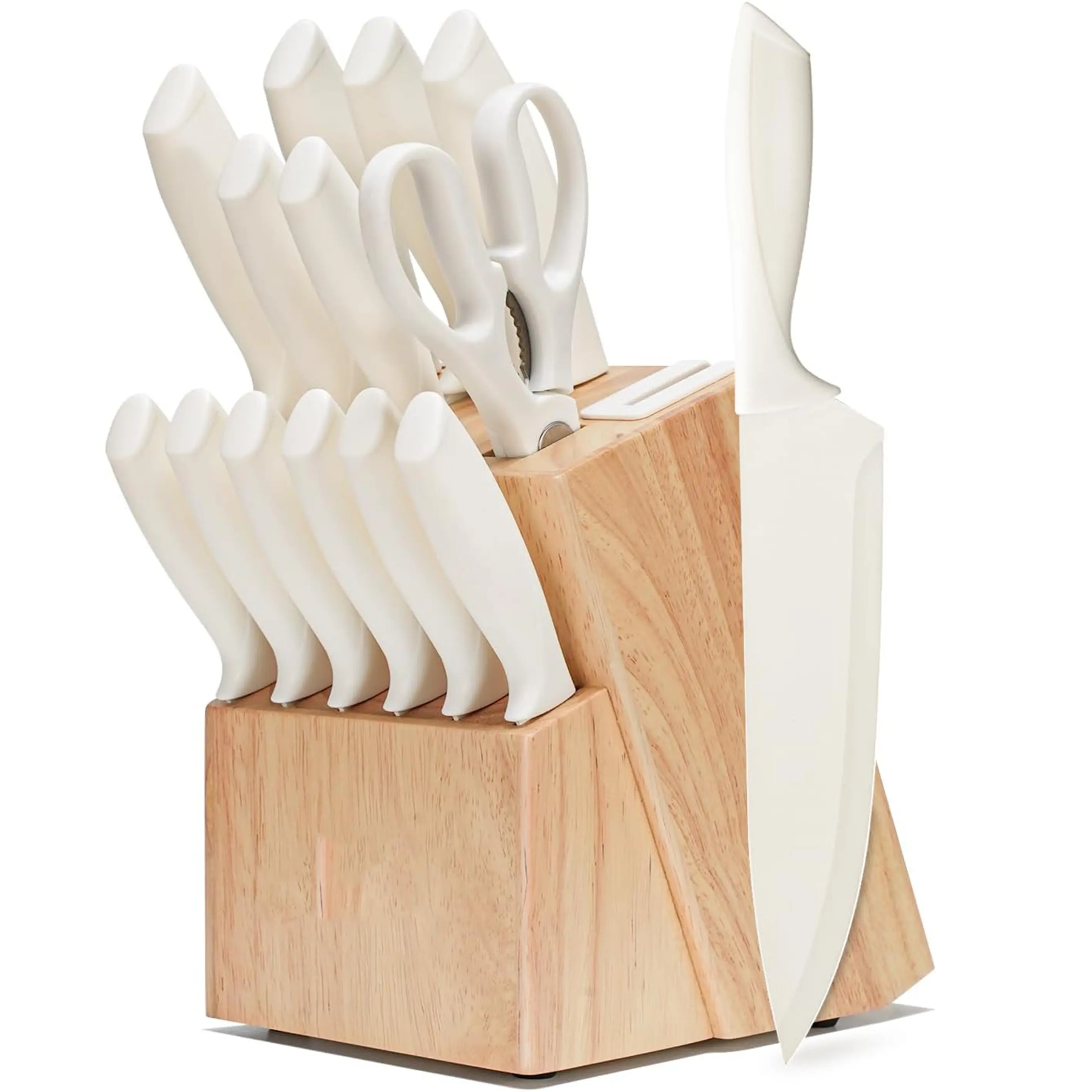 Knife Set,15 Pcs Kitchen Knife Set with Block Self Sharpening, Dishwasher Safe, Anti-slip Handle (Beige) summerwins