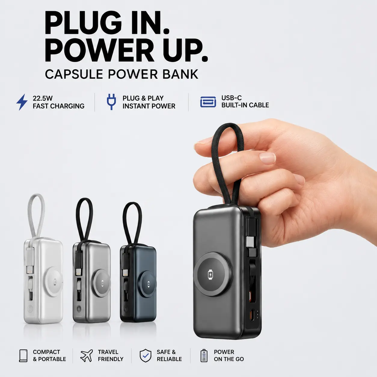 3-in-1 Magnetic Wireless Power Bank 5000mAh,USB-C Port & Lightning Cable Portable Charger with Built-In Cables & Stand, Fast Charging Battery Pack for iPhone, Apple Watch & AirPods