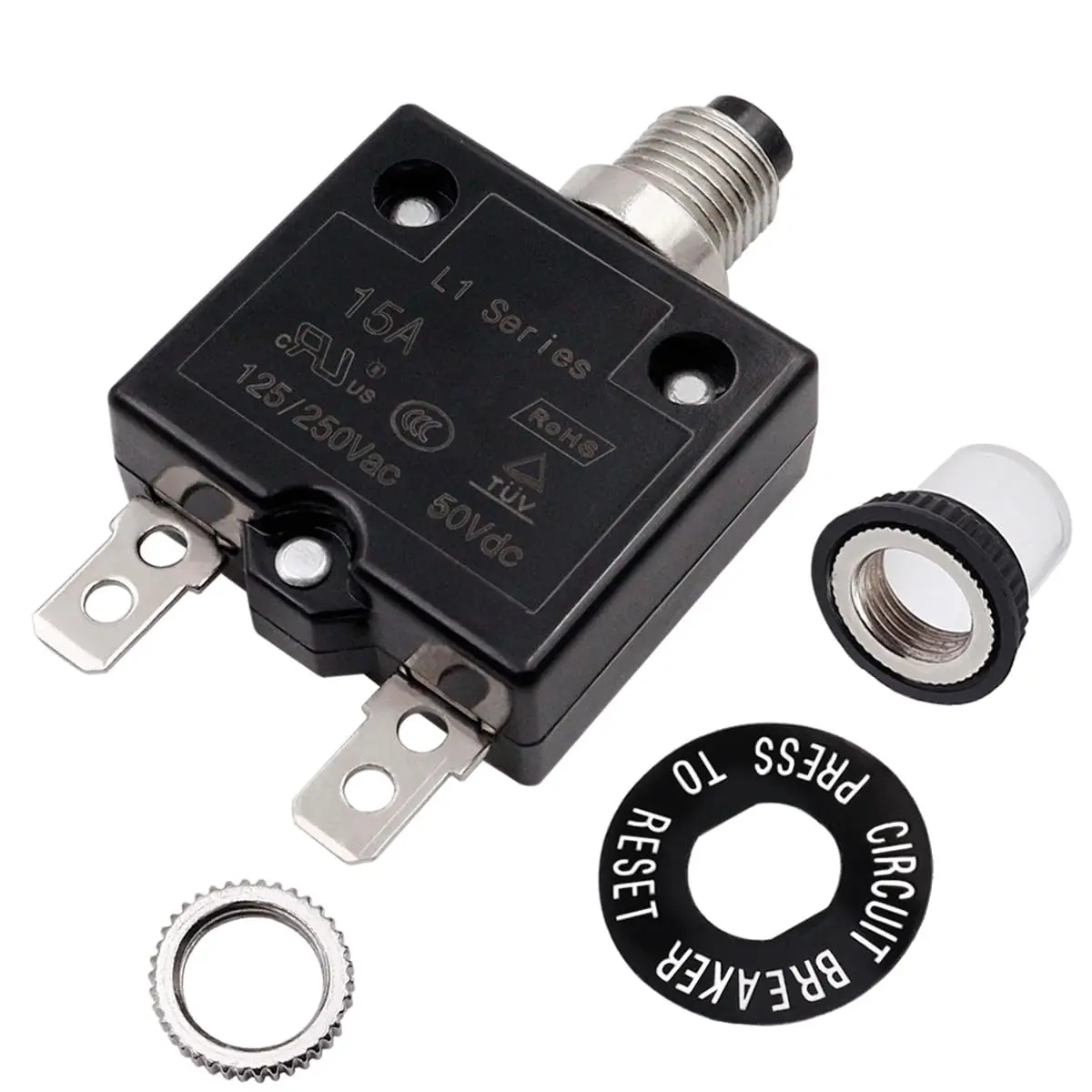 15Amp Electric Button Breaker 125/250VAC,Thermal Overload Protector L1 Series with Manual Reset, Waterproof Button Cap L1-15A