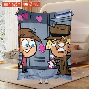 The Fairly OddParents Valentine's Day School Scene Throw Blanket, Retro Cartoon Timmy Turner & Chester Fleece Blanket, Soft Flannel Blanket for Bed Couch, Nostalgic Gift for 90s Kids