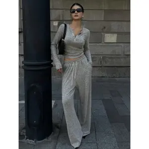 Women’s Knit Lounge Two-Piece Set – Long-Sleeve Cropped Top & Drawstring Pants Outfit