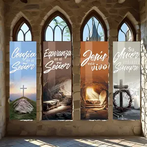 4 Pcs Religious Banners, Polyester Material Christian religious vertical banners with faith lettering suitable for Easter church worship space and home prayer corner wall decoration to create warm sacred atmosphere