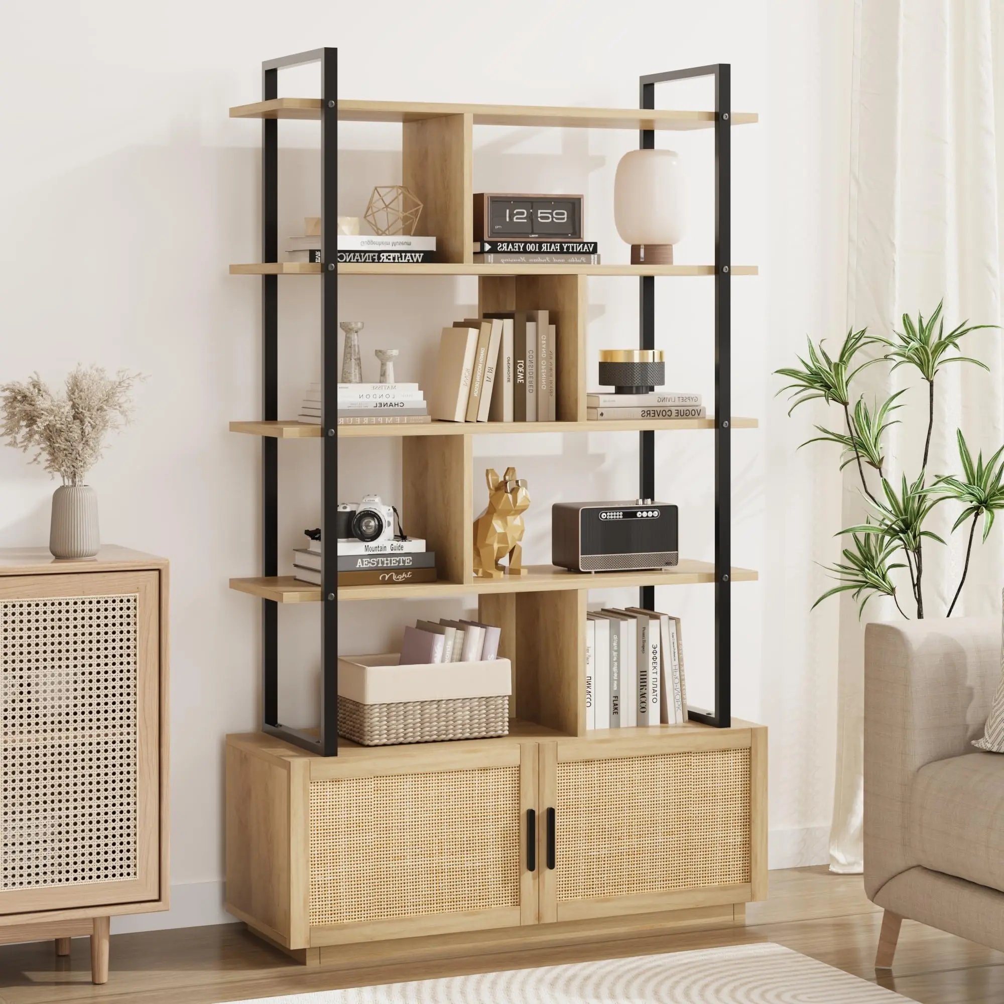 Garvee 5-Tier Tall Rattan Durable Bookshelf - MDF+Metal Contemporary Storage System Shelf with Burlywood Wood Cabinet Door, Industrial Open Shelves, for Living Room, Bedroom Organization (Assembly Required)