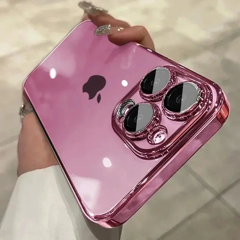 Luxury Plating Shockproof Cellphone Case with Full Lens Protector, Silicone Cover & Screen Protector for iPhone 11,12,12 Mini,12 Pro Max Plus,13,13 Mini,14,15,16,17 Air - Mobile Phone Accessories for Enhanced Protection