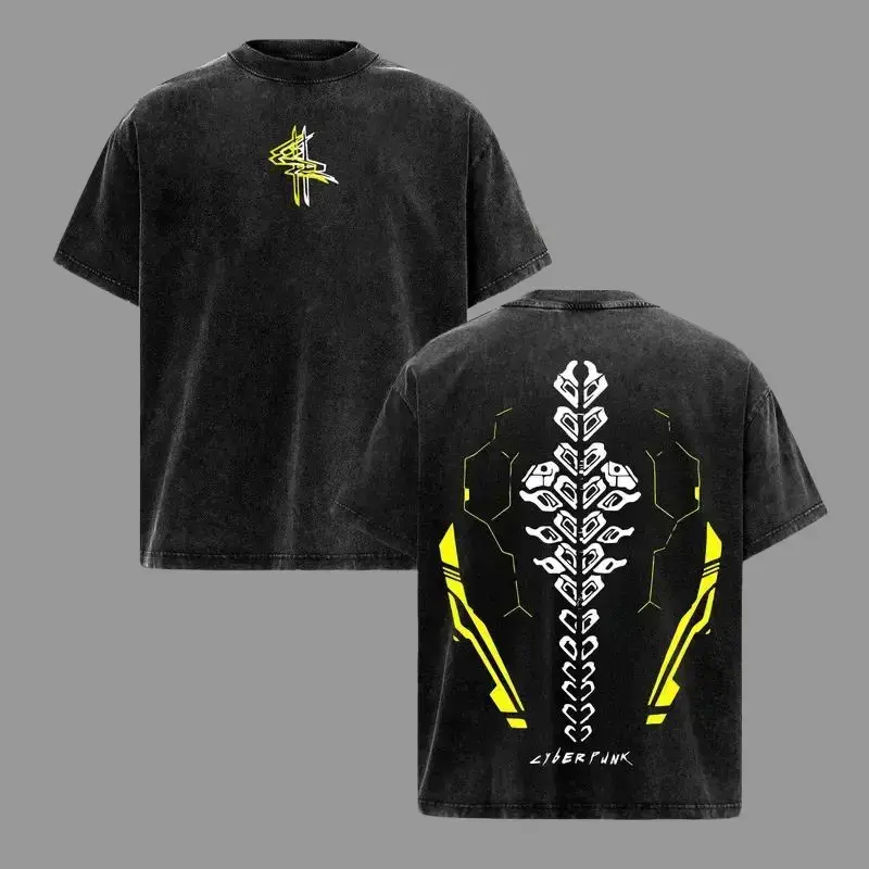 Men's Short-Sleeve Cyberpunk 2077 Sandevistan Netrunner T-Shirt - Unisex Washed Heavyweight Cotton Tee, Spinal Tattoo EdgeRunners Design, Gamer Streetwear Techwear Gift