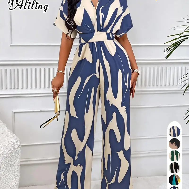 Women's Elegant Loose-Fit V Neck Short Sleeve Romper, Woven Fabric Wide Leg Pants, All Season Fashionable One-Piece Womenswear, Casual Comfy Rompers
