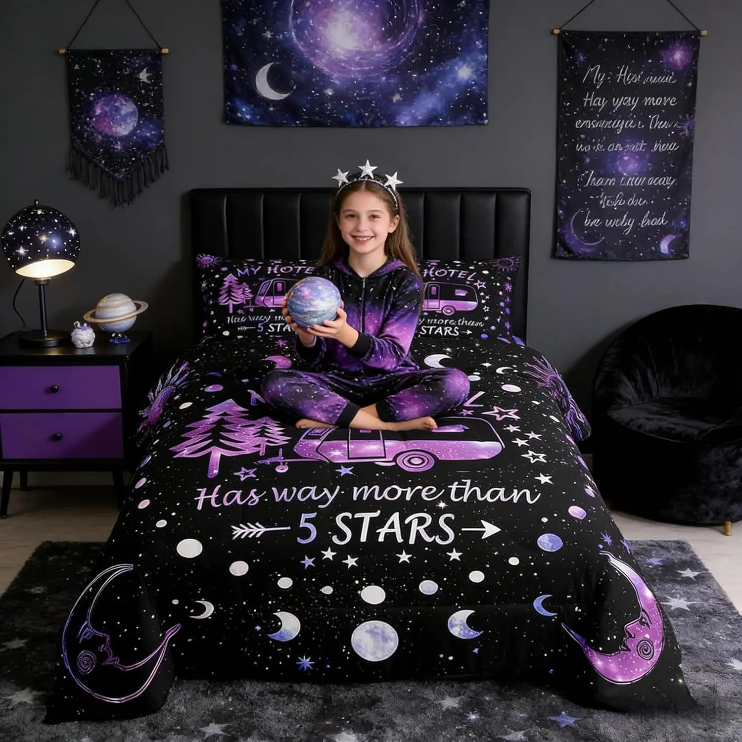 Camping Adventure Comforter Set,Camper RV Trailer Decor Bedding Set Adults,Sun Moon Starry Sky Rustic Down Comforter,Purple Romantic Duvet Insert