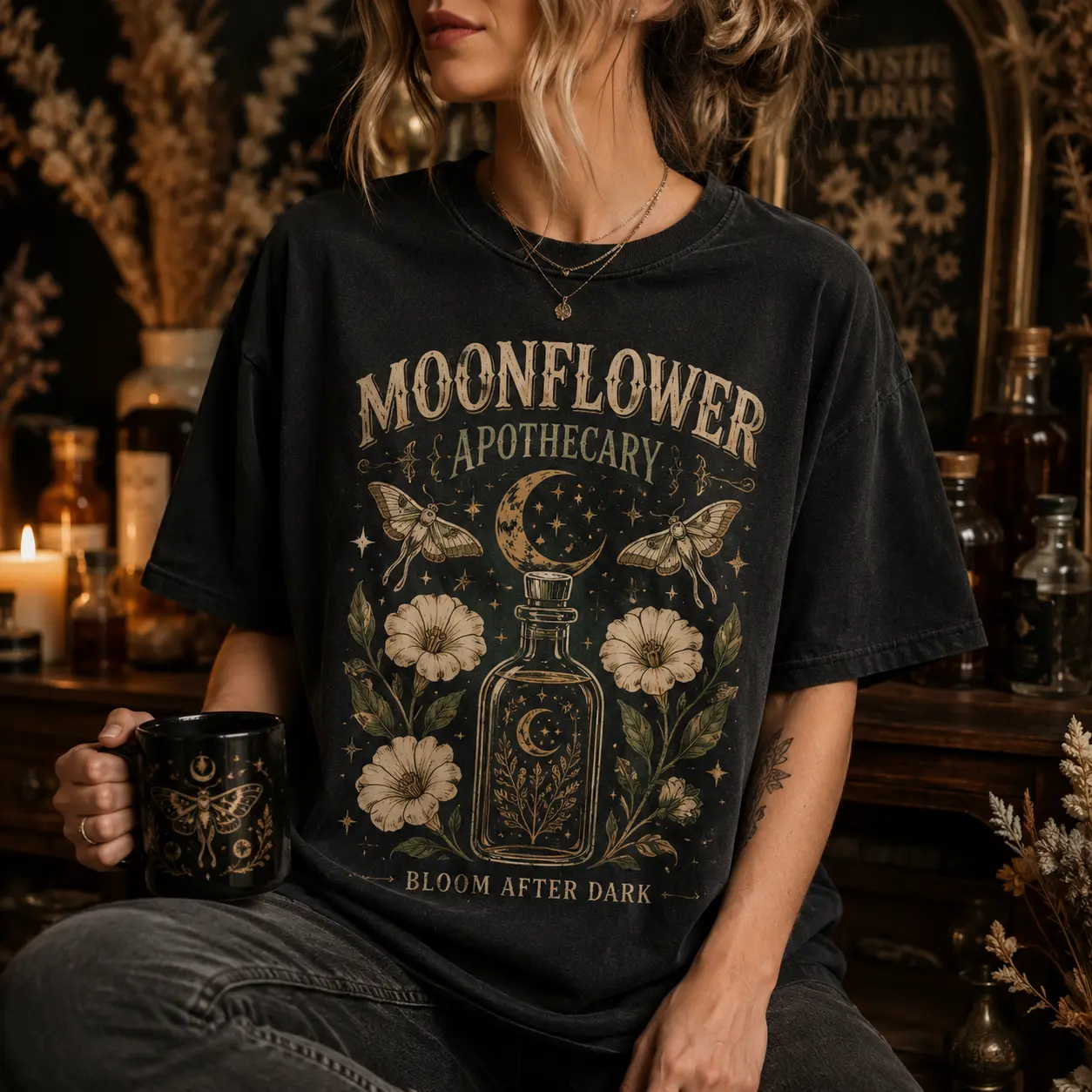 Comfort Colors Moonflower Apothecary T-Shirt, Gothic Botanical Witch Graphic Tee, Celestial Moth and Dark Cottagecore Halloween Shirt for Women