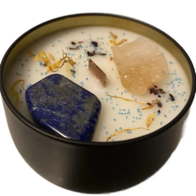 4 GRANDS Hand-Poured Coconut Soy Wax Candle with Banana Green Apple Strawberry Watermelon Frankincense Scent Natural Wood Wick & Lapis Lazuli Citrine Crystals Decorative Aromatic Candle Scented Decoration