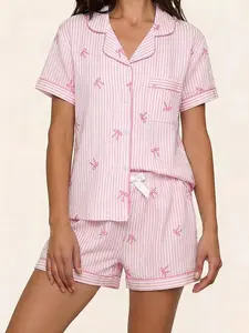 Striped Bow Tie Printed Lapel Short Sleeve Shorts Pajama Set, Loose Fit Contrast Binding, Casual All Season Home Sleepwear Loungewear