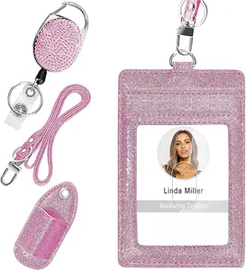 Bling Rhinestone Retractable ID Badge Holder with Belt Clip Key Ring, Lanyard and Pen Holder for Nurse, Teacher, Student, Office Worker