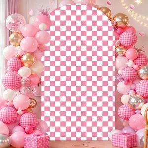 Gingham Arch Backdrop Covers, 6/6.6/7.2Ft Pink Stretchy ArchBackdrop Stand Covers, Photography Background BlueWhite Plaid Arch Stand Covers for Wedding Birthday BabyShower Party Decor Butterfly Decorations Kit No Stand Included