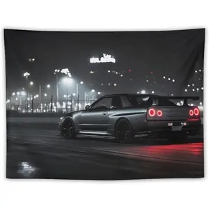 Wall Art City Night Scene Cool Jdm Car R34 Tapestry Aesthetic Wall Decor for Office Bedroom Living Room Decor for Men And Woman Backdrop Wall Hanging Tapestries