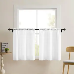 White Waffle Bathroom Window Curtains, Water Repellent Rod Pocket Kitchen Drapes for Small Window, 2 Panels, 30 W X 45 L Inch Each