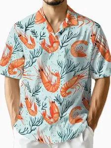 Men's Digital 3D Printed Fashion Short Sleeve Shirt, Hawaiian Style Lobster Print, Casual Loose Fit Beach Vacation Shirt