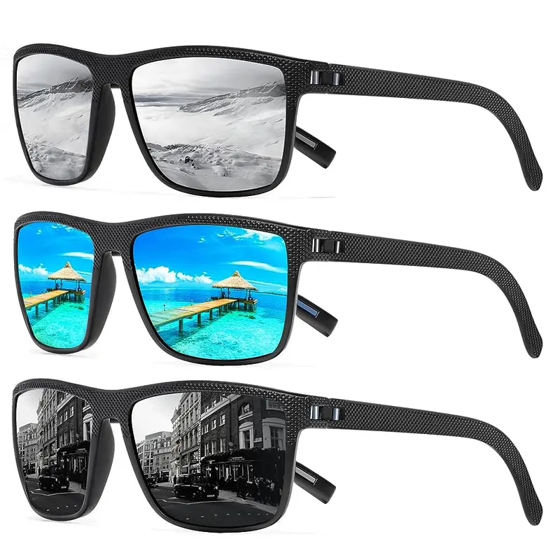 TURBOPEP 3 Pairs Polarized Sunglasses - Men's Square Frame, Women's Eyewear Accessory, TAC UV Protection Lens, Anti-Glare Driving Shades, Lightweight Casual Outdoor Sunglasses, Anti-Allergy Nosepiece, Cool Gifts for Guys