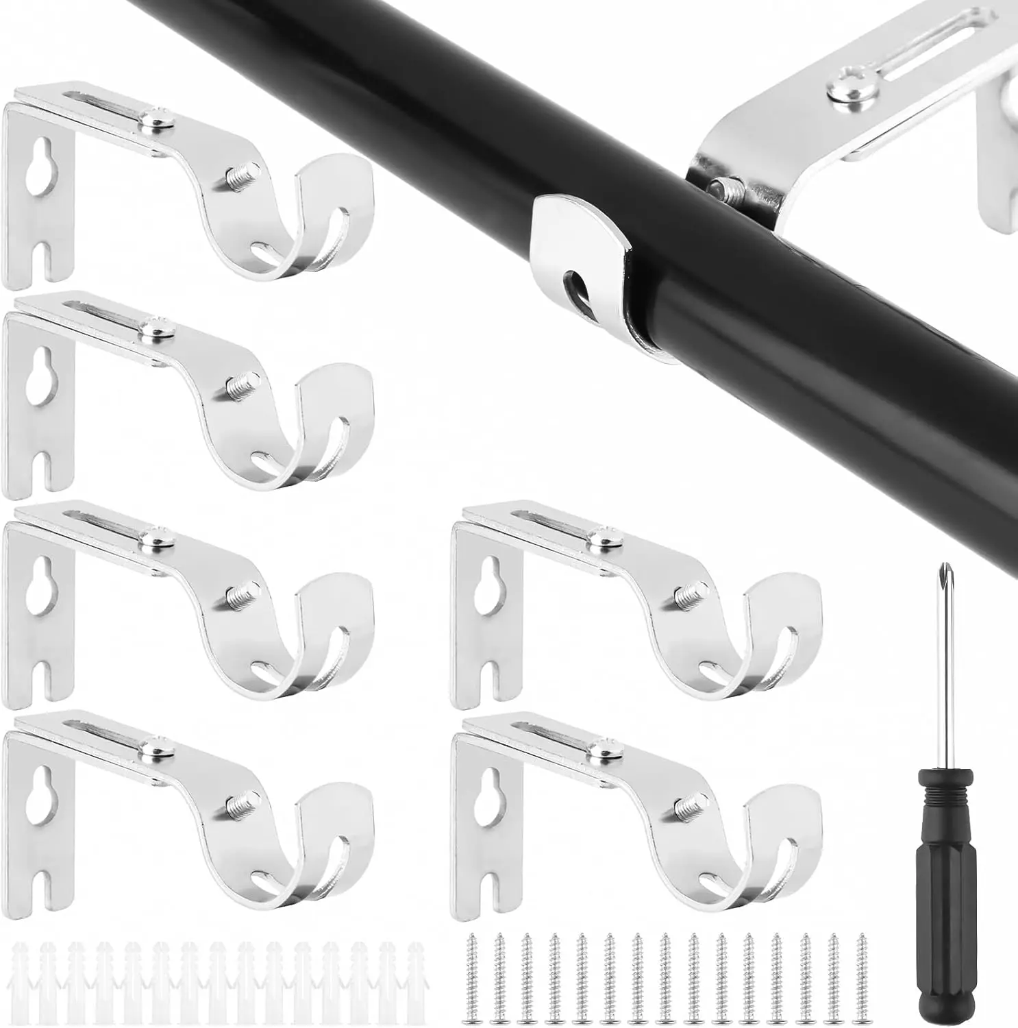 6 Pack Metal Curtain Pole Brackets,Adjustable Rail Brackets for 25mm Rods,Suitable for Curtain Rods,Clothes Drying Rods,Curtain&Blind Accessories