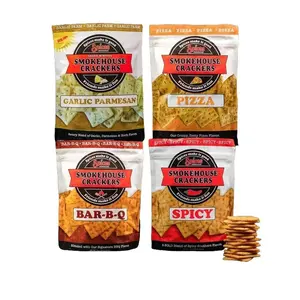 Smokehouse Crackers (4 Pack Sampler).  1 each of our delicious flavors in a  7oz Resealable bag for freshness. Spicy, BBQ, Garlic Parmesan,
