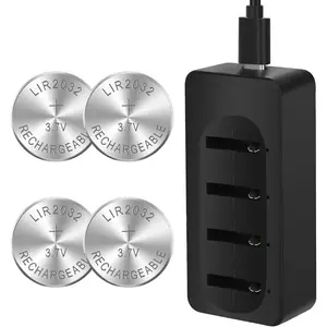 Rechargeable 3.7v 2032 Battery with Charger, 4 Pack LIR2032 Button Battery Can Replace ML2032,CR2032 3v Lithium Batteries for Airtag, Car Remote Key
