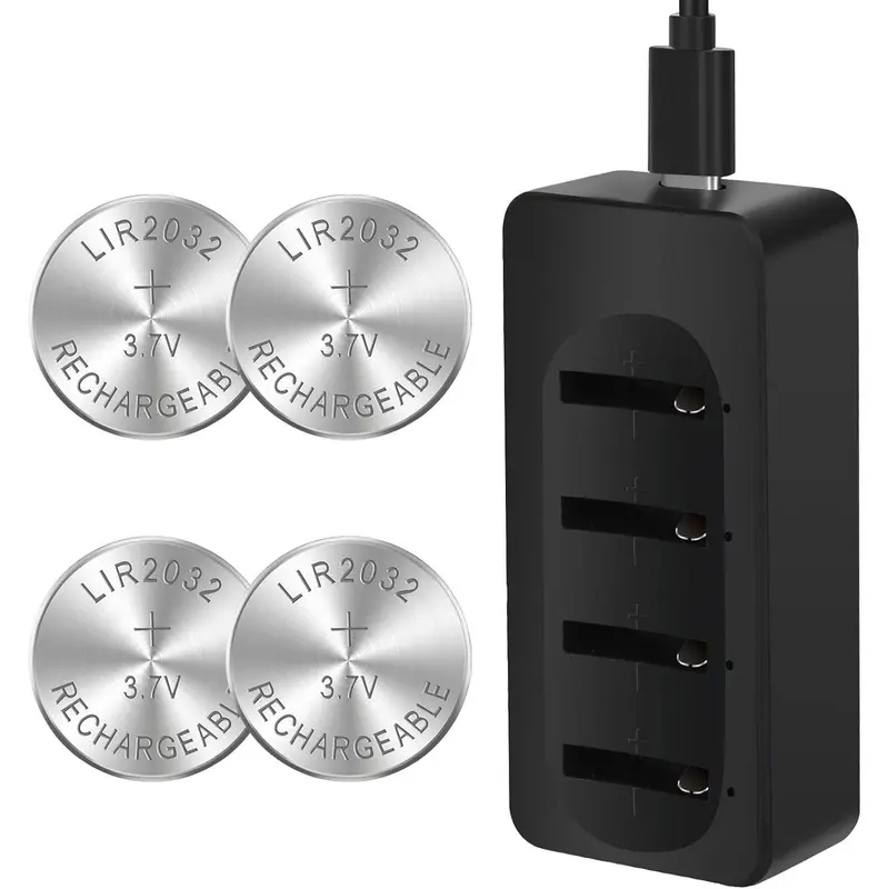 Rechargeable 3.7v 2032 Battery with Charger, 4 Pack LIR2032 Button Battery Can Replace ML2032,CR2032 3v Lithium Batteries for Airtag, Car Remote Key
