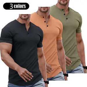 Men’s solid-color slim-fit Henley T-shirt with a crew neck and long length, featuring buttons—casual athletic wear for gym training. Part of the classic men’s streetwear collection, suitable for everyday wear; Summer 2026 fashion outfit.
