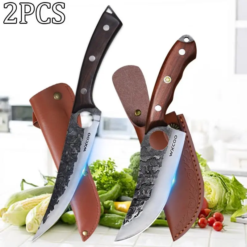 2PCS Stainless Steel Forged Boning Knives with Sheaths, Sharp Blade Kitchenware for Meat Cooking, Professional Multipurpose Chef Knives for Barbecue