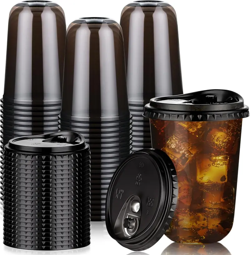 ZAKA MY KITCHEN 50 Pack 16oz Black Plastic Cups with Lids, Disposable Round Bottom Stemless Glasses with Sip Lids, To Go Iced Coffee Drinking Cups for Halloween Party Wedding Catering Events