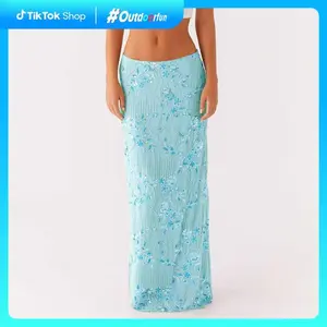 OutdoorfunWomenSummerSkirtCasualElegantSequinFloralEmbroideryLongSkirtforBeachVacationClubStreetwear