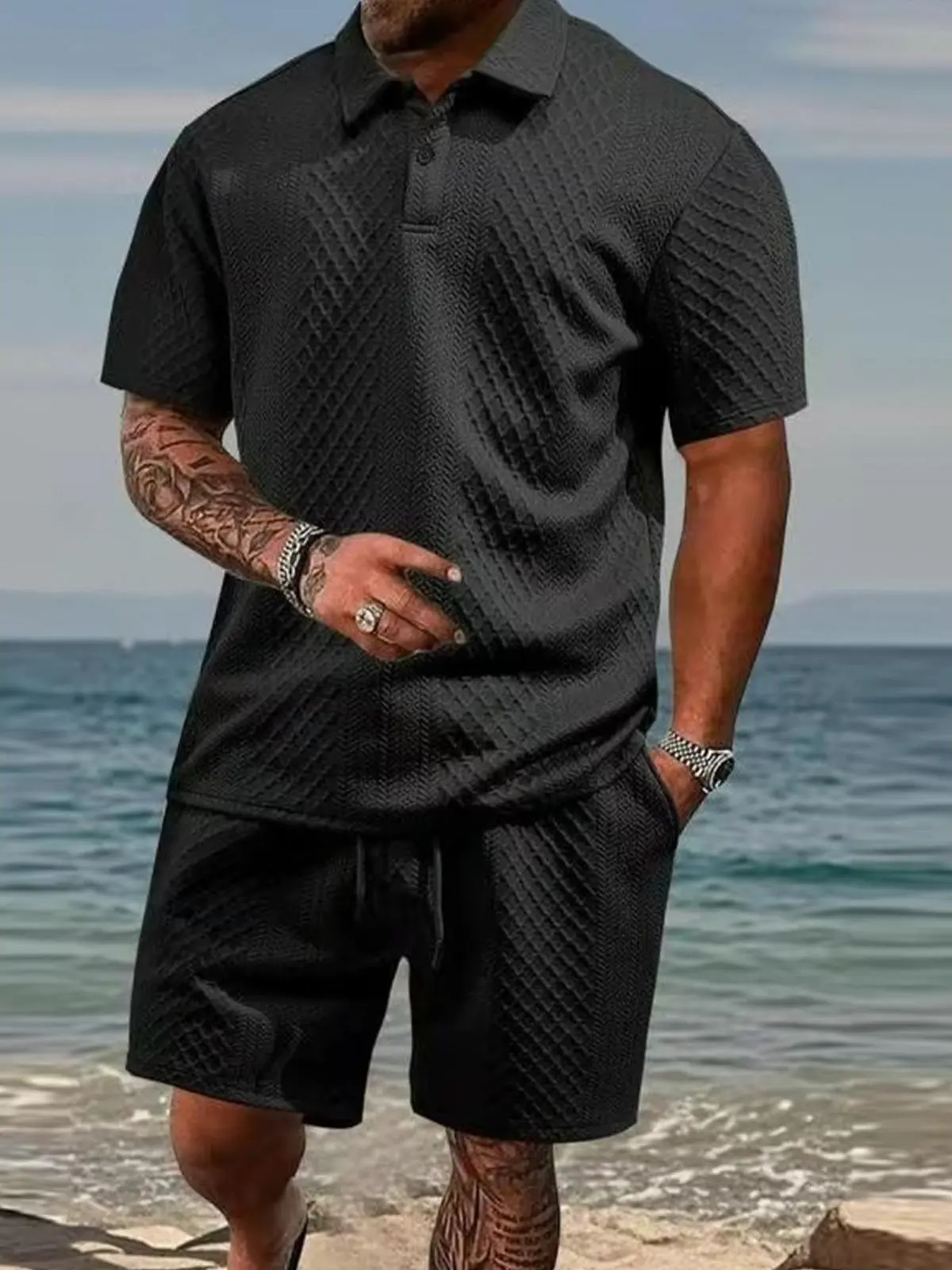 Men's 2-Piece Tropical Beach-Ready Set - V-Neck Textured Polo Shirt & Short-Sleeve Shorts, Relaxed-Fit Elastane Basics, Casual Preppy Breathable Cool Wear Menswear