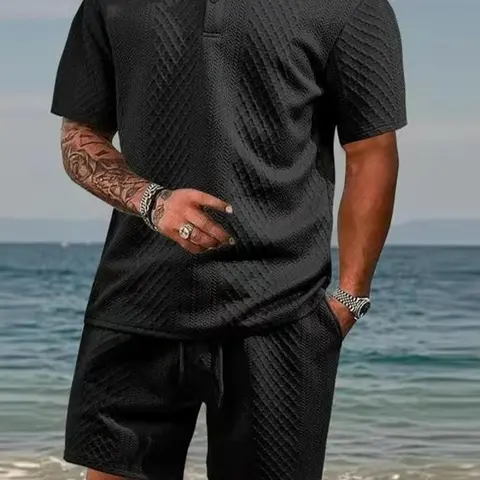 Men's 2-Piece Tropical Beach-Ready Set - V-Neck Textured Polo T-Shirt, Athletic Move-Easy Short-Sleeve Heat Shorts, Relaxed-Fit Elastane Polyester Blend, Minimalist Polished Casual Meetup Wear, Breathable Preppy Basics