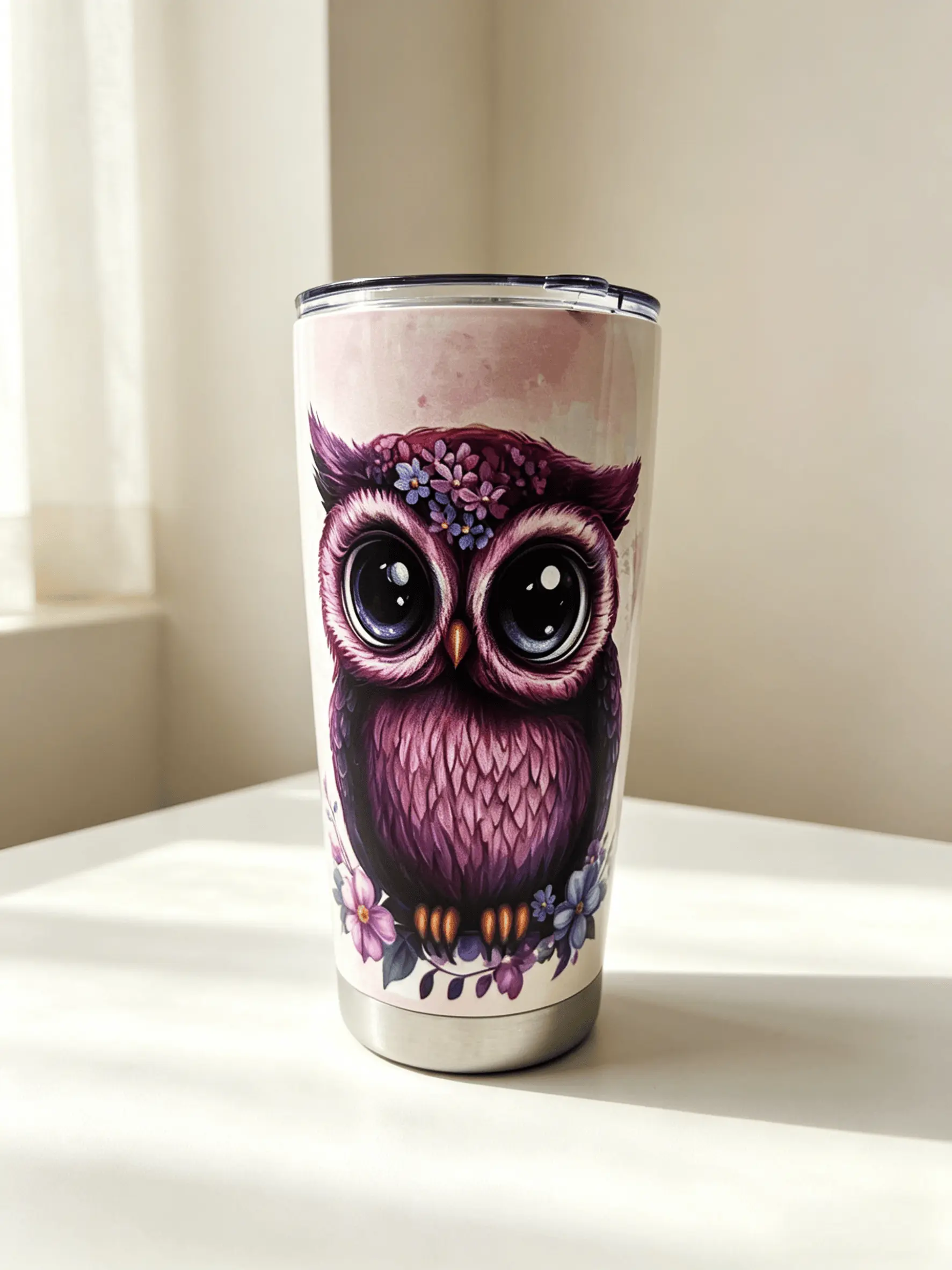 Sweet & Cheerful Purple Owl Tumbler 20oz Insulated Stainless Steel Travel Mug 590ml Double-Wall BPA-Free Spill-Resistant Clear Lid Perfect for School Office Road Trips or Home Drinkware Flasks