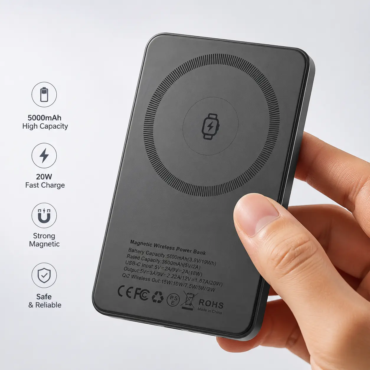 5000mAh Magnetic Wireless Qi2 Power Bank, 20W Fast-Charging Pocket-Sized Fireproof Safe Reusable Mobile Charger, Ultra-Thin Type-C Smartphone Accessory for iPhone Travel Use