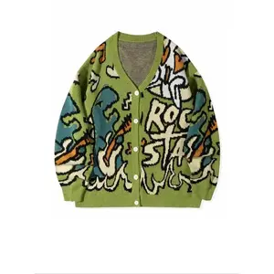 Men's Letter & Dinosaur Print Drop Shoulder Cardigan, Loose Casual Long Sleeve V Neck Button Front Knitwear for Fall & Winter, Men's Knit Clothing for Daily Wear(Sheet)