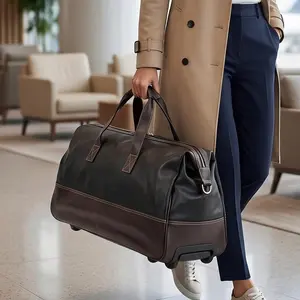 Faux Leather Rolling Duffel Bag Wheeled Weekender Travel Luggage with Telescopic Handle
