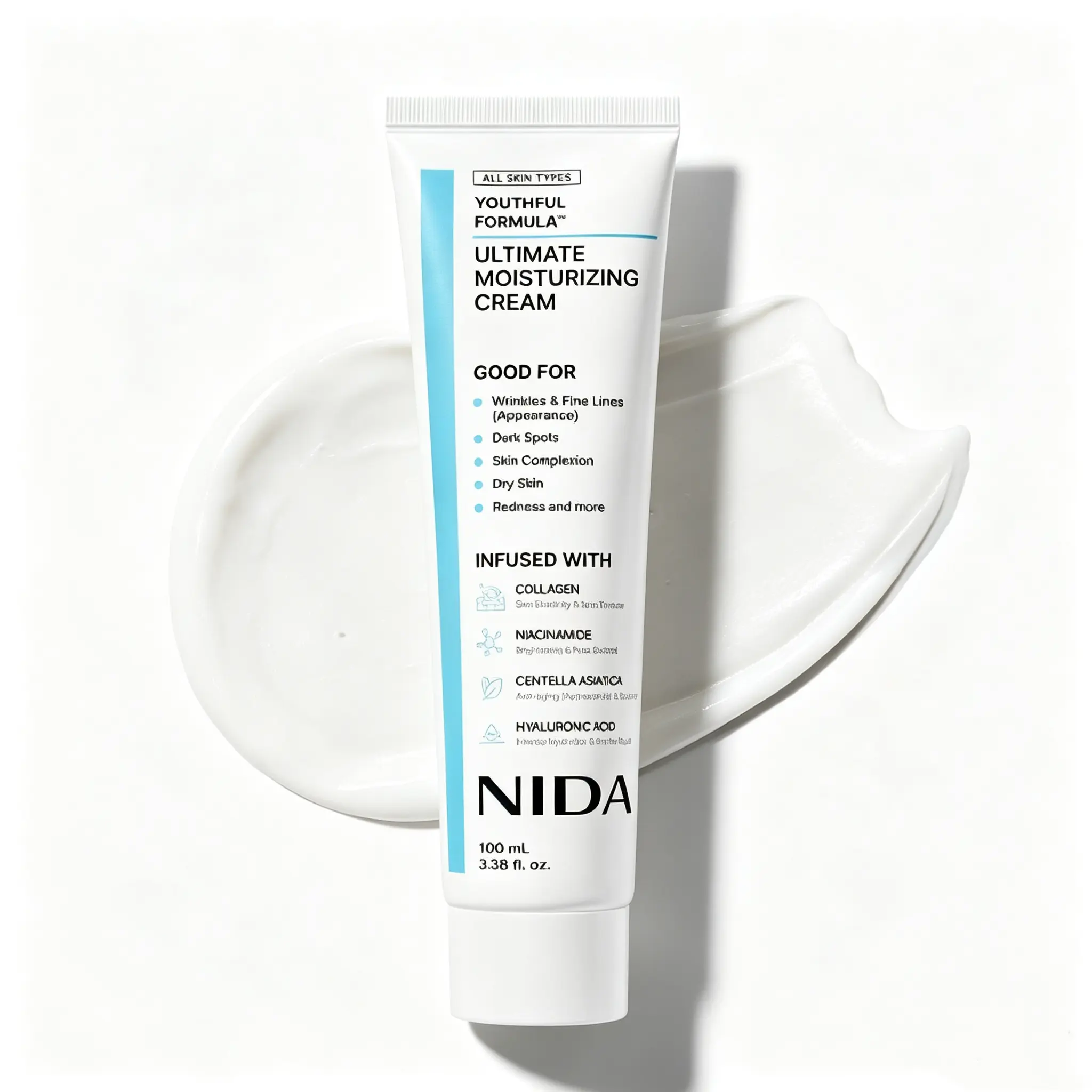 NIDA Youthful Formula Moisturizing Cream, Collagen and Niacinamide Daily Face Cream for Smoothing and Brightening, 100ml