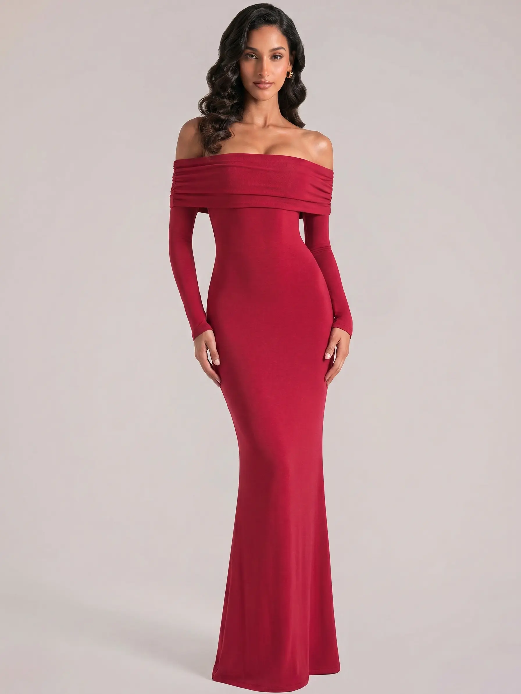 [NEW] Azazie Elodie Off-Shoulder Open Back Heavyweight Modal Knit Fishtail Maxi Dress