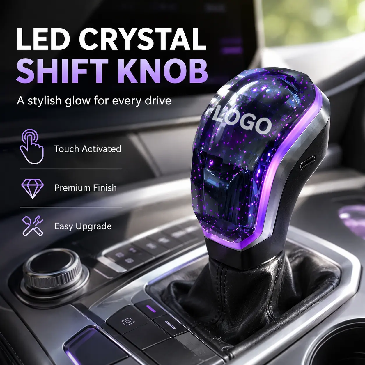 Universal LED Crystal Gear Shift Knob, 7 Color RGB Touch Activated Light Up Shifter, Rechargeable Diamond Cut Gear Lever Handle, Cool Car Interior Accessories & Automotive Decor