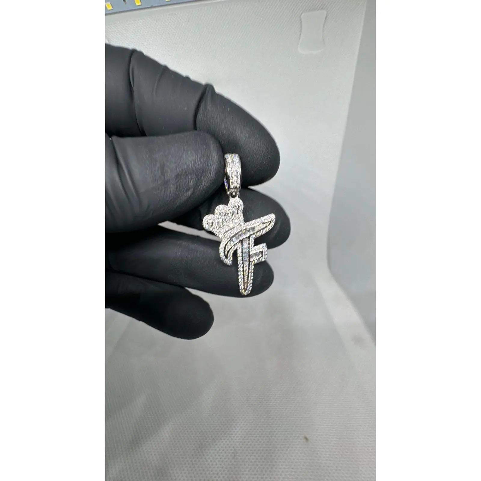 925 Iced F Pendant w/ crown